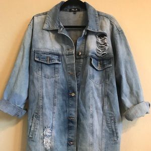 Oversized distressed long denim jacket